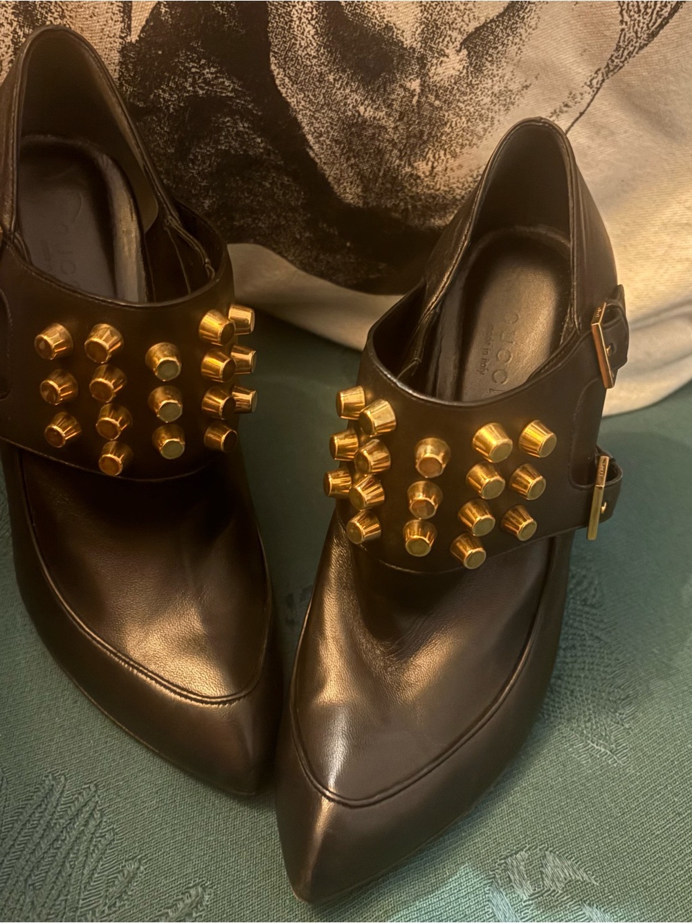 Gucci Black Leather Pointed Heels with Gold Stud Accents